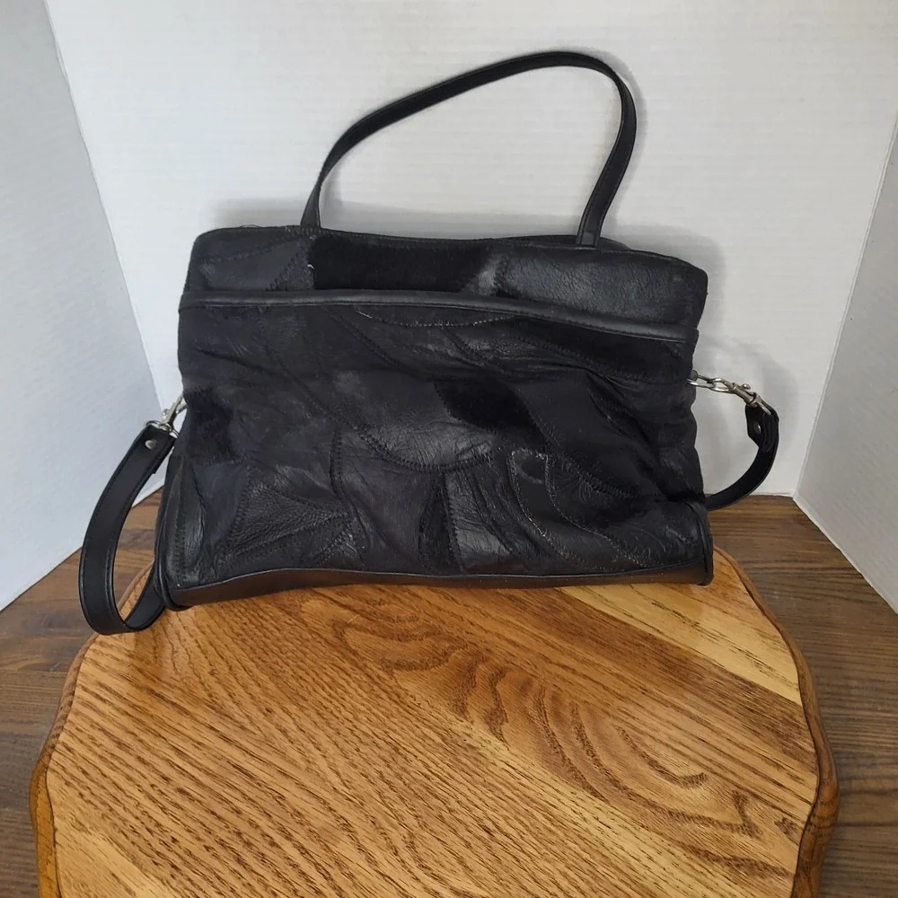 VTG Black Leather Patchwork Purse Shoulder Bag Handbag Hippie‎ Boho